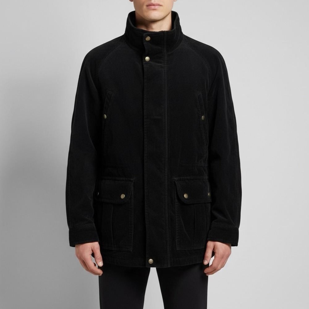 Koolah Mens Vintage Corduroy Field Jacket Black High Neck Utility Coat XL Zip Up